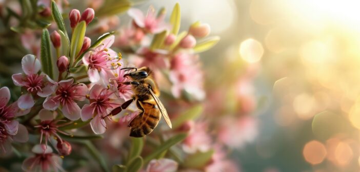 Biene an Manuka-Blüte (Foto: AdobeStock_702831869 vxnaghiyev)